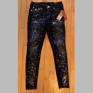 True Religion Women's Jeans Size 28 Jennie FLP Glitter Gold Silver Curvy Skinny